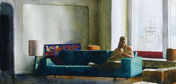Girl in green couch